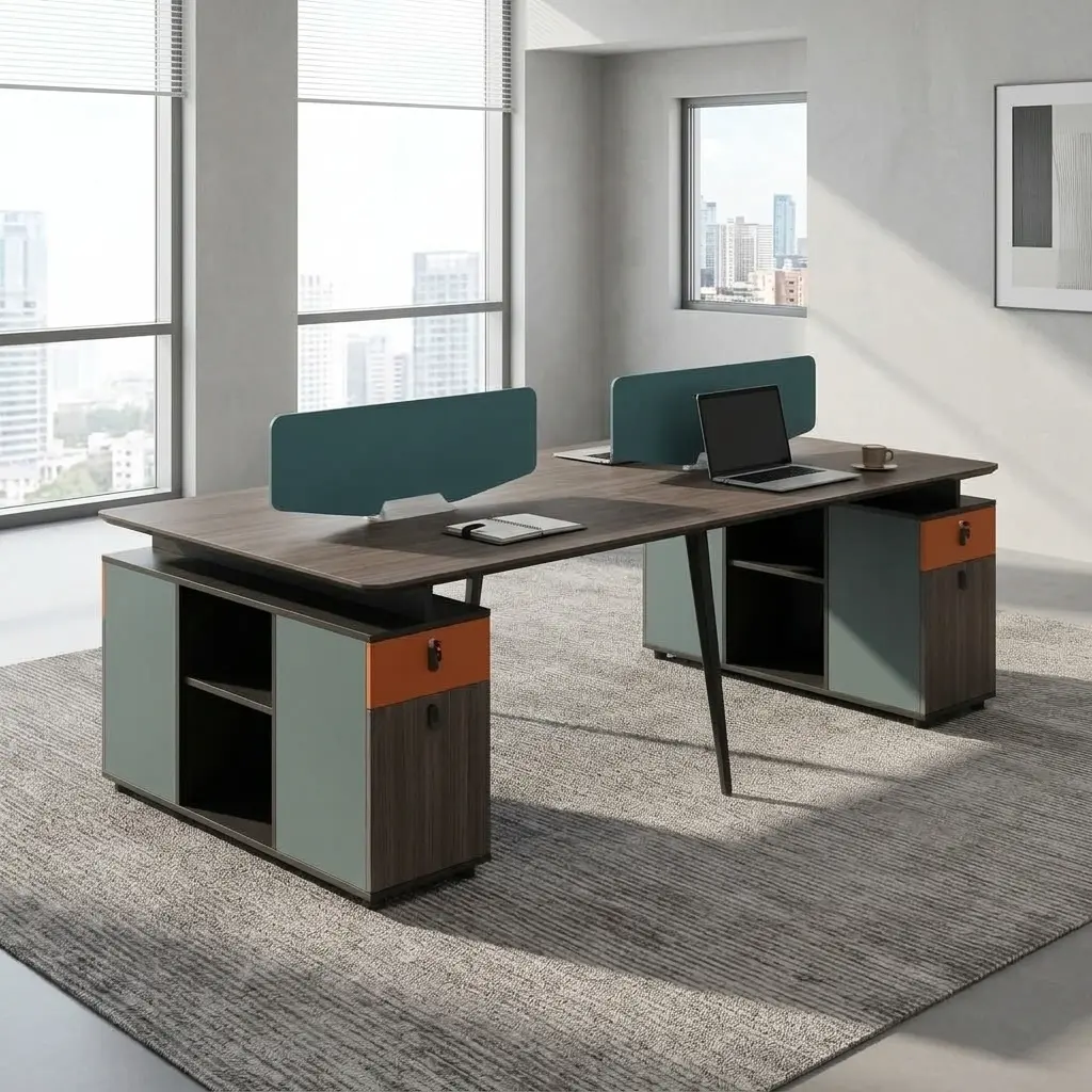 Wooden 4-seater workstation featuring a dark walnut wood-grain desktop surface, two grey privacy divider screens, central black angled leg supports, and two large under-desk storage returns with open shelving, grey cabinets, and dark wood drawers with orange top-drawer accents.