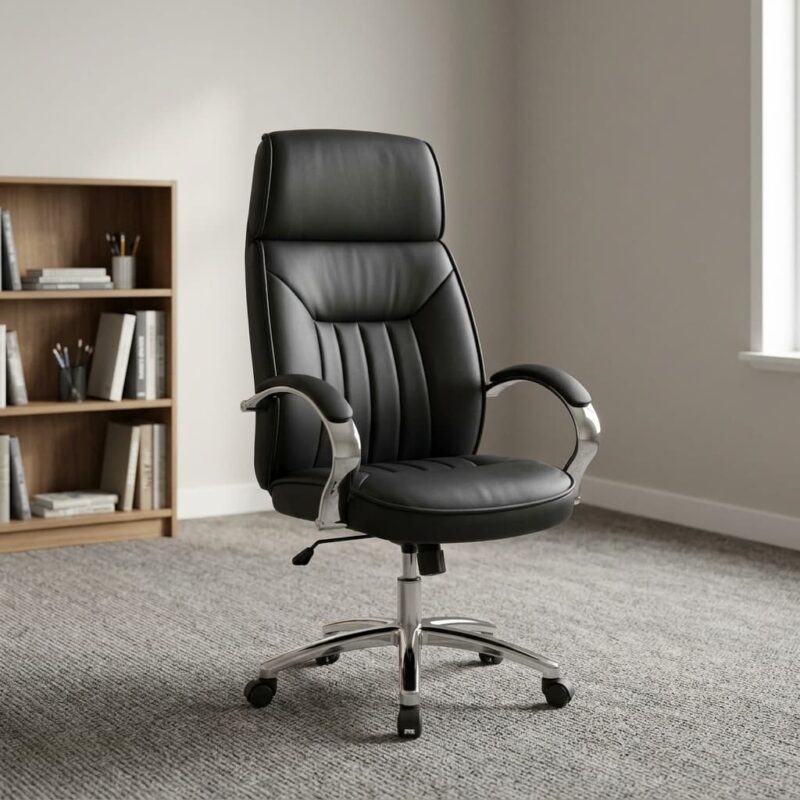High-back leather office chair featuring a contoured backrest upholstered in black leatherette with vertical channel stitching, padded armrests on polished chrome fixed frames, pneumatic seat height adjustment controls, and a polished metallic five-star swivel base with caster wheels.