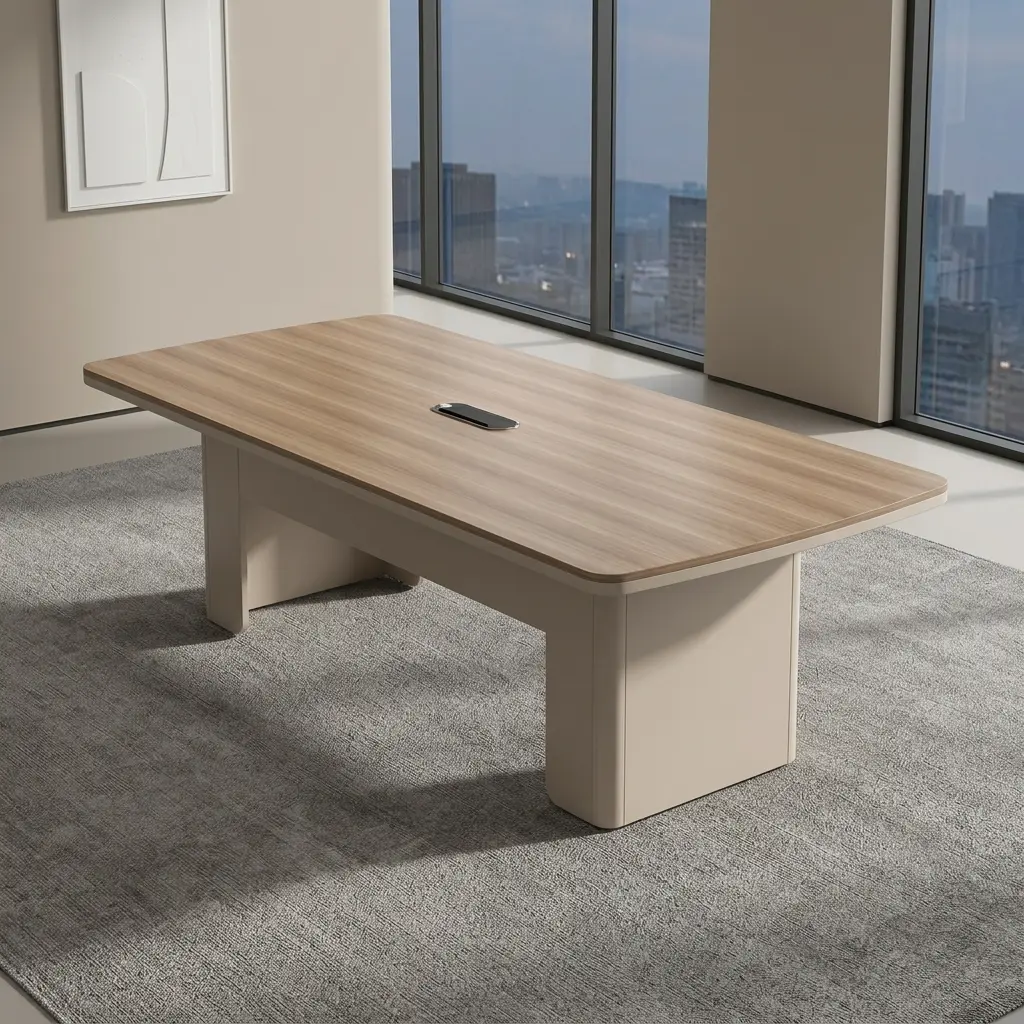 2400mm meeting conference table featuring a light natural wood-grain desktop with softly rounded corners, a central oval cable management grommet box, and dual beige panel-style pedestal bases.