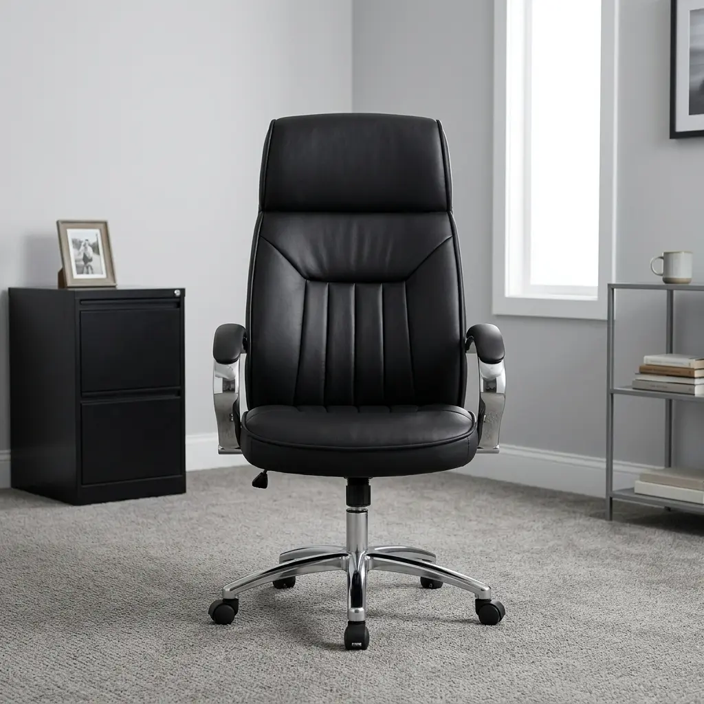 High-back leather office chair featuring a contoured backrest upholstered in black leatherette with vertical channel stitching, padded armrests on polished chrome fixed frames, pneumatic seat height adjustment controls, and a polished metallic five-star swivel base with caster wheels.