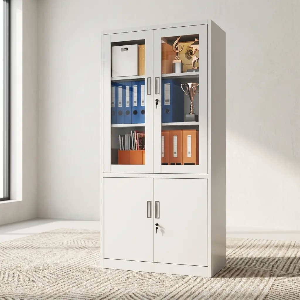 Steel lockable office file cabinet featuring a clean white powder-coated steel frame, upper glass-framed double doors with an integrated key lock, interior multi-tier shelving, and lower solid steel double doors with lockable storage compartments.