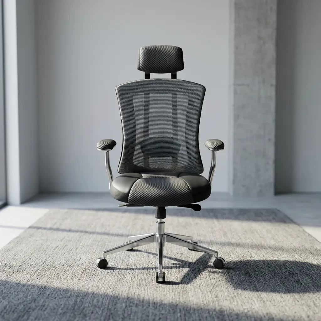 Orthopedic ergonomic office chair featuring an adjustable patterned mesh headrest, a contoured high-back breathable mesh backrest with integrated lumbar support framing, a padded seat with patterned mesh upholstery and black leatherette side bolsters, padded armrests on metallic stems, pneumatic seat height controls, and a polished metallic five-star swivel base with caster wheels.
