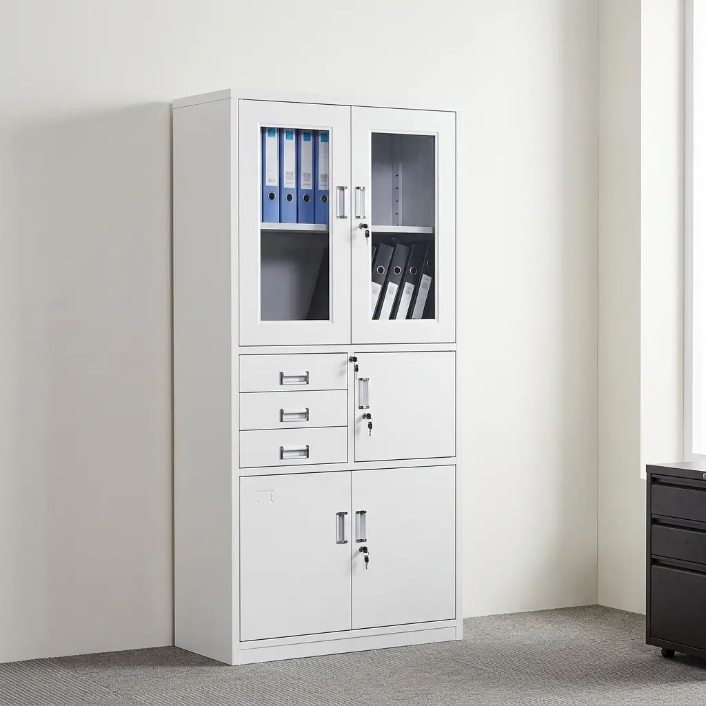 White office cabinet with safe featuring a clean white powder-coated steel frame, upper lockable glass-framed doors with shelf storage, three left-side utility drawers, a middle-right lockable safe compartment, and lower double-door lockable storage.