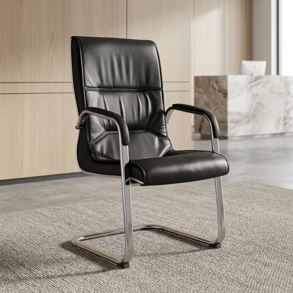 Executive leather waiting chair featuring premium black leatherette upholstery with horizontal stitched paneling, padded curved armrests, and a polished chrome cantilever sled base.