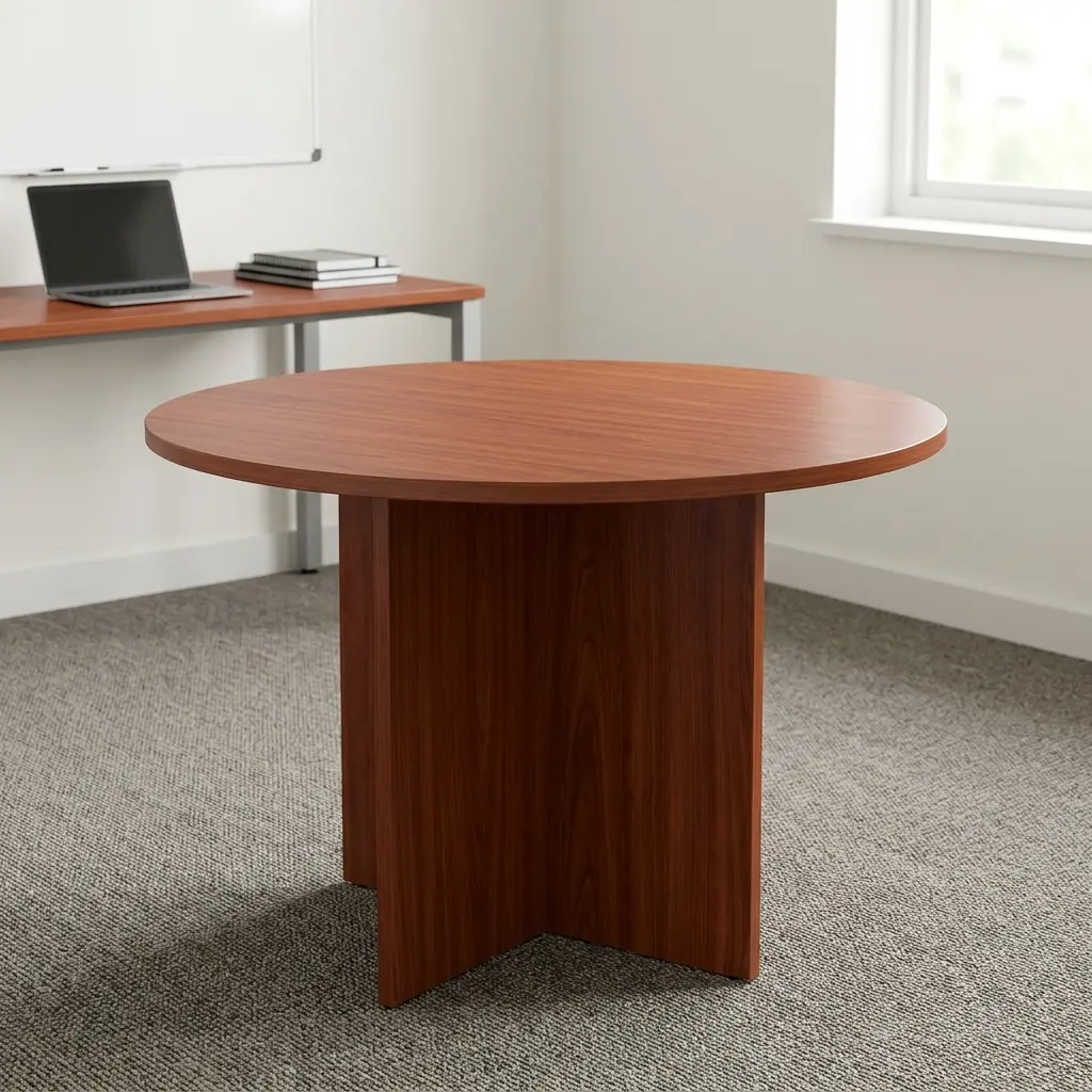 120cm round meeting table featuring a circular warm cherry wood-grain tabletop supported by a matching cross-shaped pedestal base.