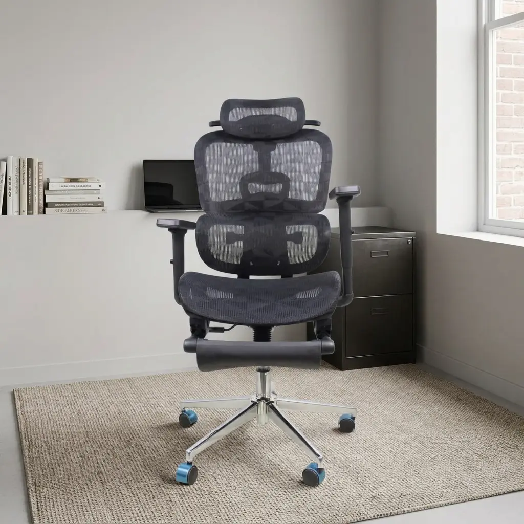High back orthopedic chair with footrest featuring full black mesh upholstery, an adjustable curved headrest, split dual-backrest ergonomic lumbar support, 3D adjustable armrests, a fold-away padded leg rest, and a polished chrome five-star base with blue accent swivel casters.