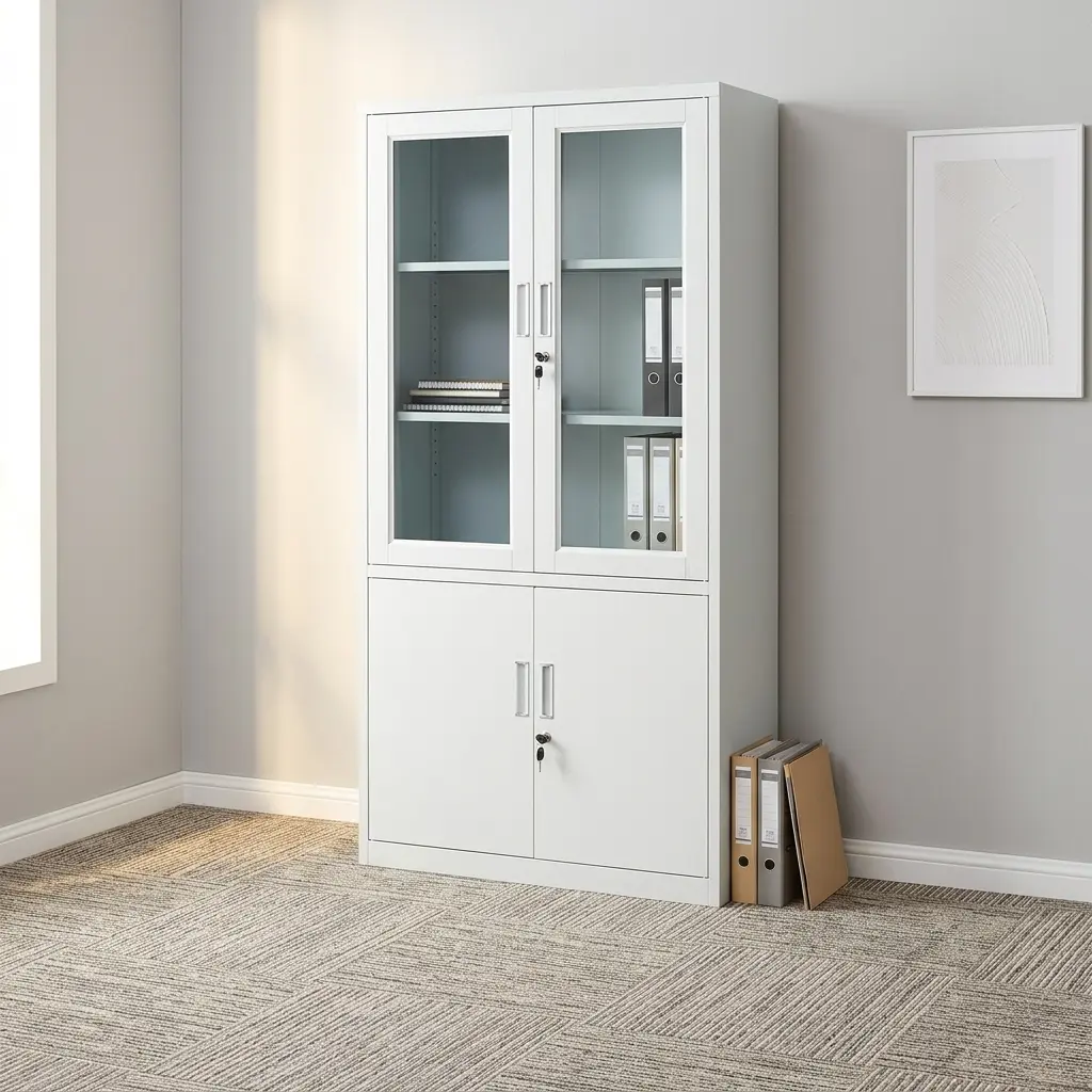 Half glass office file cabinet featuring a crisp white metal frame, an upper display section with two glass-panel hinged doors and interior shelving, a lower concealed storage section with two solid metal cabinet doors, separate key-locking mechanisms for upper and lower compartments, and vertical recessed pull handles.