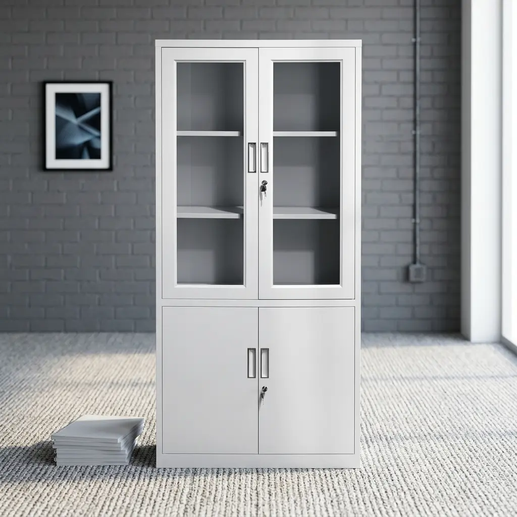 Half glass office file cabinet featuring a crisp white metal frame, an upper display section with two glass-panel hinged doors and interior shelving, a lower concealed storage section with two solid metal cabinet doors, separate key-locking mechanisms for upper and lower compartments, and vertical recessed pull handles.