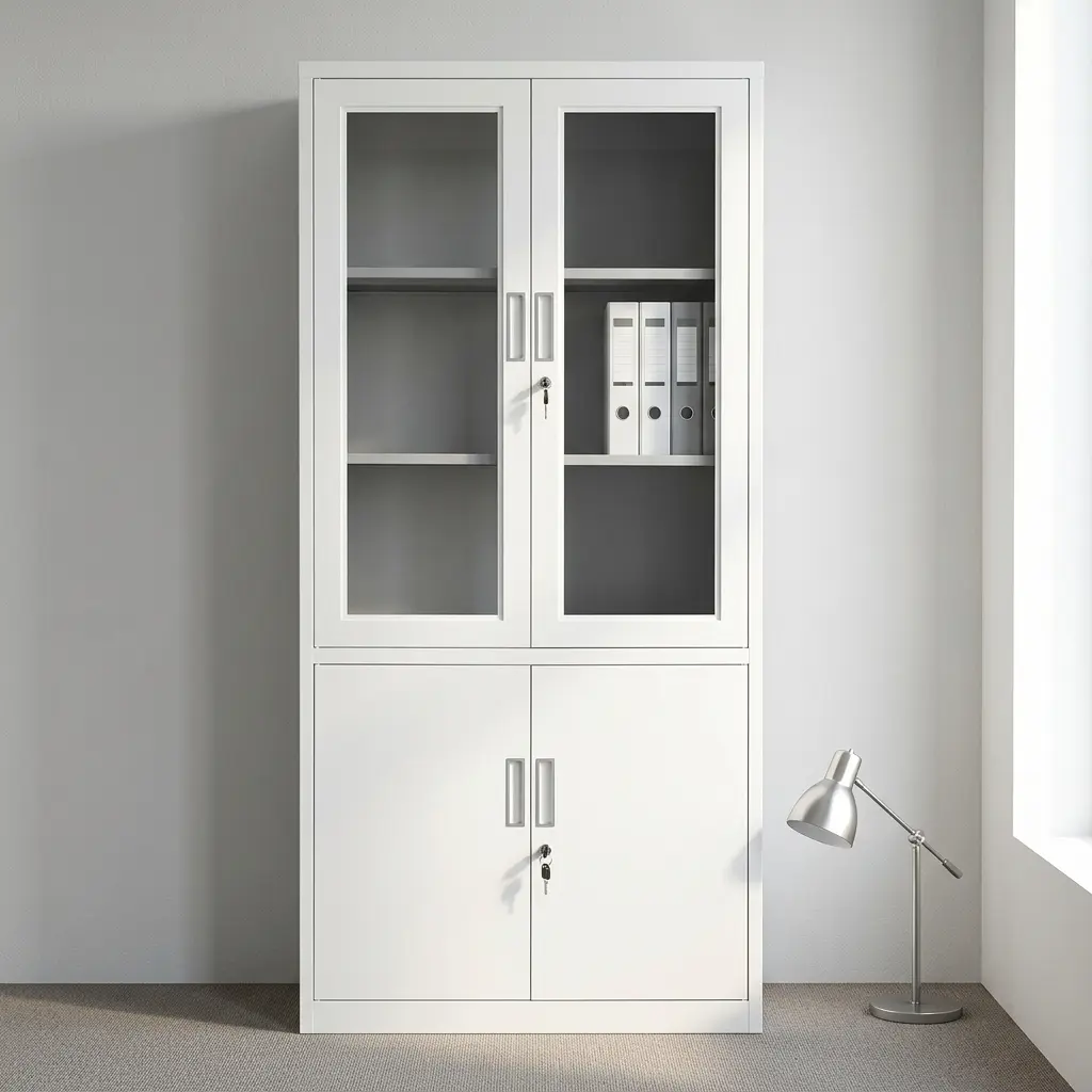 Half glass office file cabinet featuring a crisp white metal frame, an upper display section with two glass-panel hinged doors and interior shelving, a lower concealed storage section with two solid metal cabinet doors, separate key-locking mechanisms for upper and lower compartments, and vertical recessed pull handles.