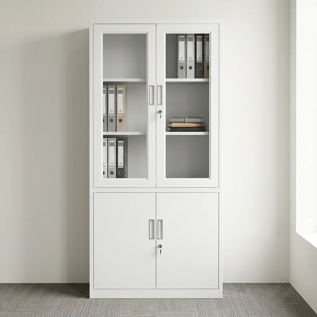 Half glass office file cabinet featuring a crisp white metal frame, an upper display section with two glass-panel hinged doors and interior shelving, a lower concealed storage section with two solid metal cabinet doors, separate key-locking mechanisms for upper and lower compartments, and vertical recessed pull handles.