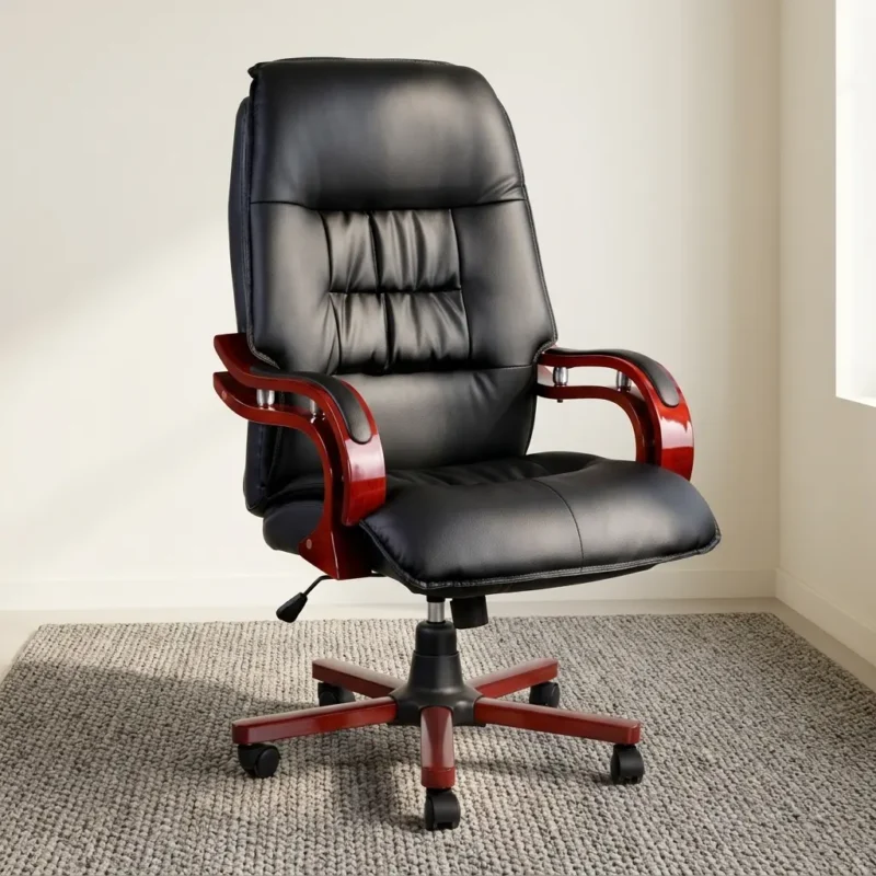 Swivel leather executive chair featuring plush black leather upholstery with horizontal lumbar tufting, a thickly cushioned seat, curved mahogany-finish wood armrests with upholstered top pads and chrome accents, a pneumatic height adjustment lever, and a matching mahogany wood-capped five-star swivel base on smooth-rolling casters.