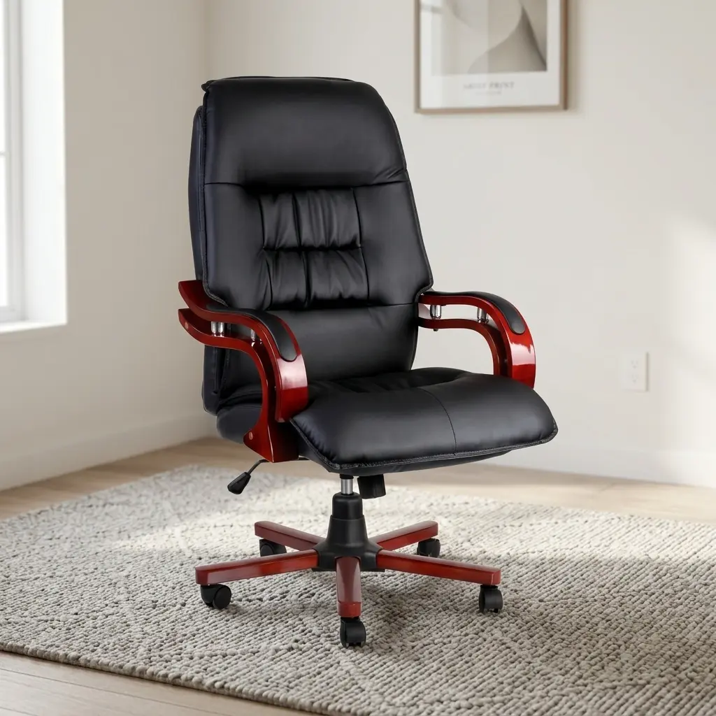 Swivel leather executive chair featuring plush black leather upholstery with horizontal lumbar tufting, a thickly cushioned seat, curved mahogany-finish wood armrests with upholstered top pads and chrome accents, a pneumatic height adjustment lever, and a matching mahogany wood-capped five-star swivel base on smooth-rolling casters.
