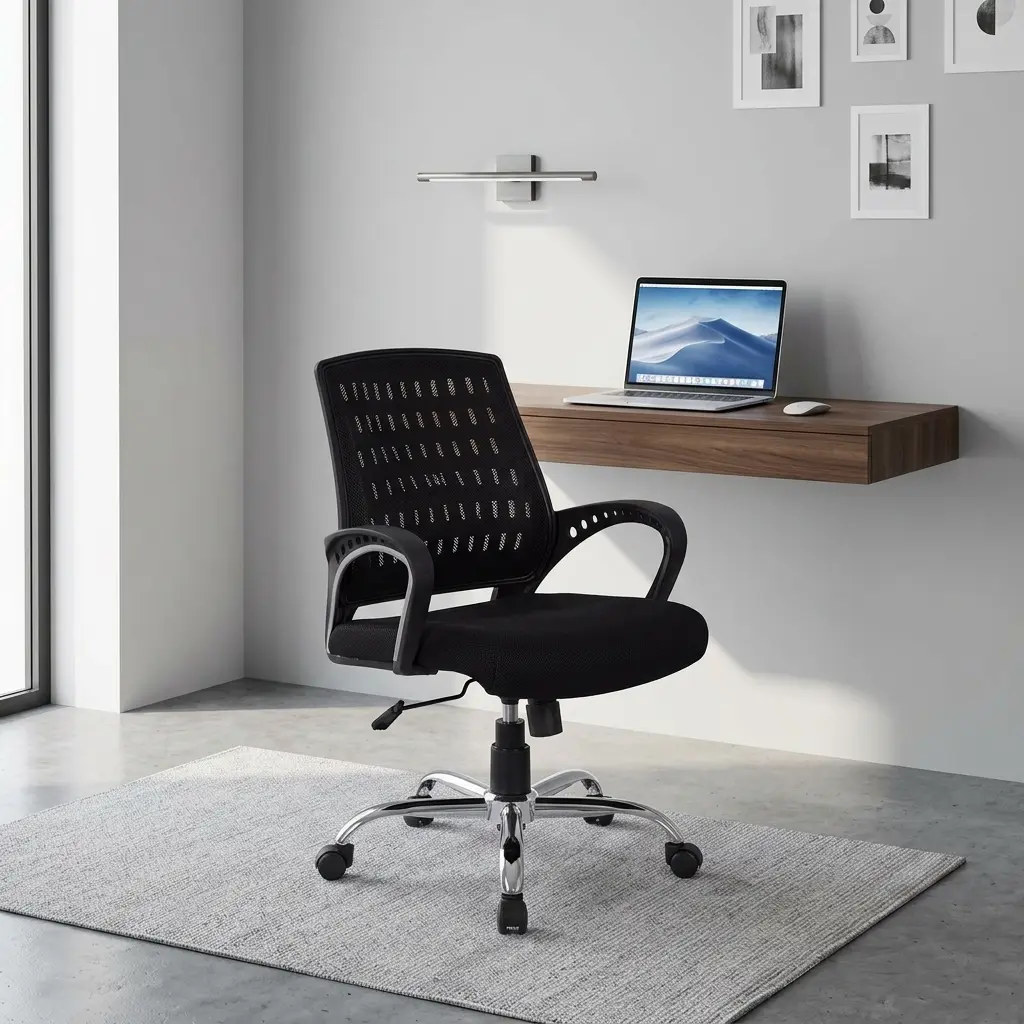 Mesh medium back office chair featuring a breathable black mesh backrest with patterned ventilation cutouts, a thickly padded black fabric seat cushion, curved fixed loop armrests with circular cutout details, pneumatic height adjustment lever, and a sturdy polished chrome five-star base with smooth-rolling caster wheels.