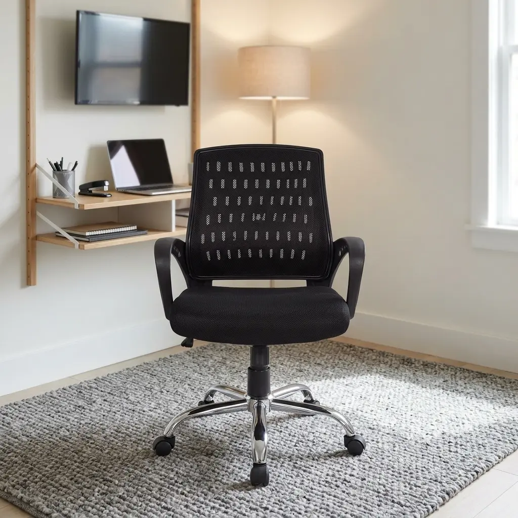 Mesh medium back office chair featuring a breathable black mesh backrest with patterned ventilation cutouts, a thickly padded black fabric seat cushion, curved fixed loop armrests with circular cutout details, pneumatic height adjustment lever, and a sturdy polished chrome five-star base with smooth-rolling caster wheels.