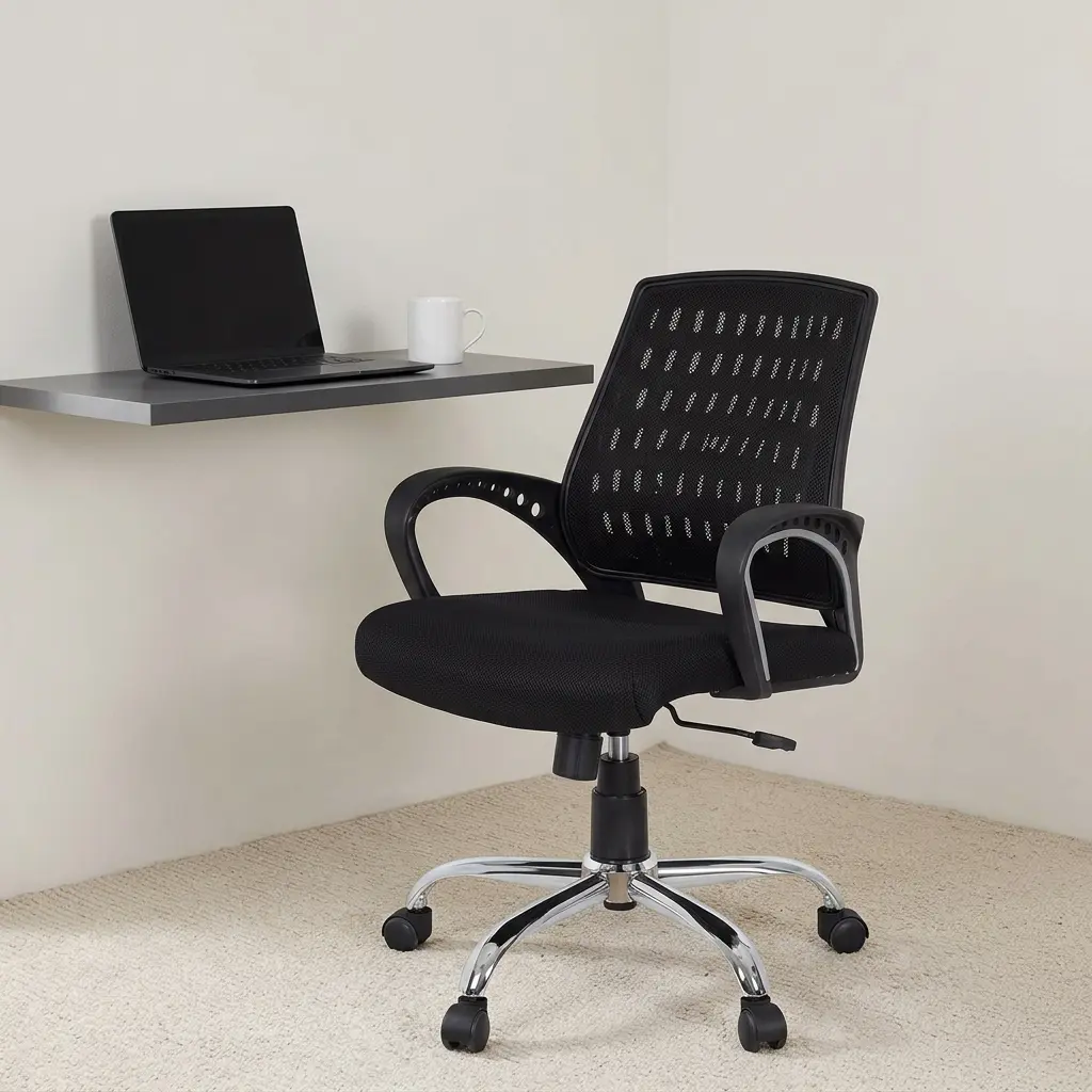 Mesh medium back office chair featuring a breathable black mesh backrest with patterned ventilation cutouts, a thickly padded black fabric seat cushion, curved fixed loop armrests with circular cutout details, pneumatic height adjustment lever, and a sturdy polished chrome five-star base with smooth-rolling caster wheels.