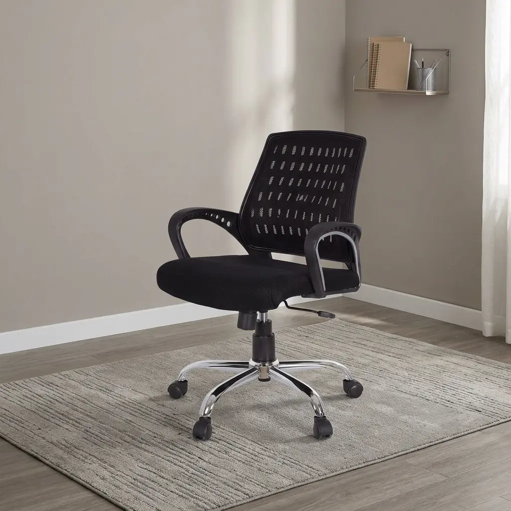 Mesh medium back office chair featuring a breathable black mesh backrest with patterned ventilation cutouts, a thickly padded black fabric seat cushion, curved fixed loop armrests with circular cutout details, pneumatic height adjustment lever, and a sturdy polished chrome five-star base with smooth-rolling caster wheels.