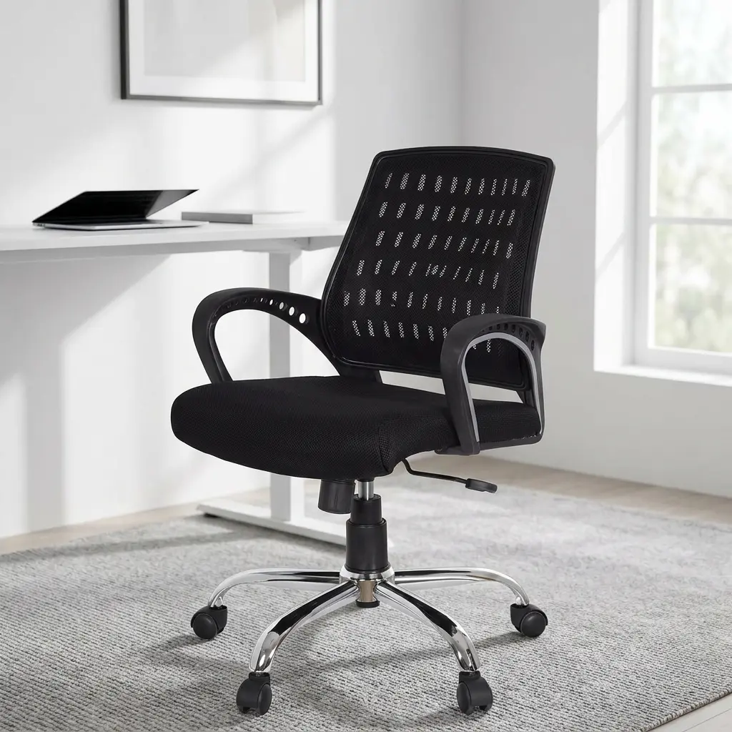 Mesh medium back office chair featuring a breathable black mesh backrest with patterned ventilation cutouts, a thickly padded black fabric seat cushion, curved fixed loop armrests with circular cutout details, pneumatic height adjustment lever, and a sturdy polished chrome five-star base with smooth-rolling caster wheels.