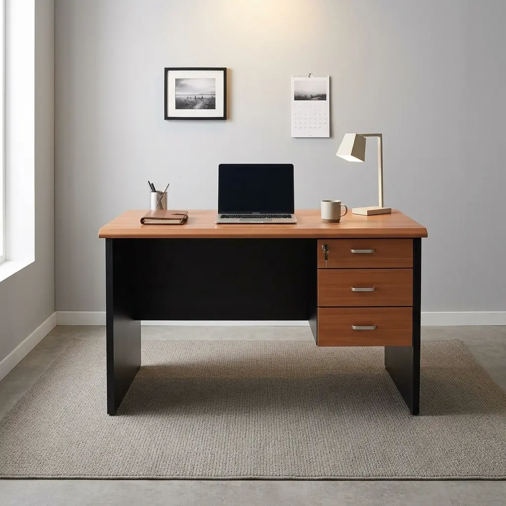 Executive 1200mm office table featuring a two-tone warm wood grain and black finish, a smooth rectangular desktop with an integrated cable grommet, sturdy black side panel legs with a matching modesty panel, and an integrated right-side pedestal with three wood-faced storage drawers, horizontal silver metal pull handles, and a top-drawer key lock.