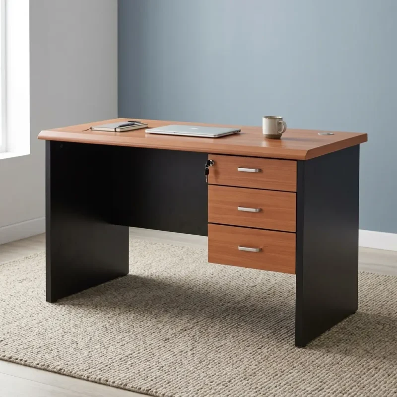 Executive 1200mm office table featuring a two-tone warm wood grain and black finish, a smooth rectangular desktop with an integrated cable grommet, sturdy black side panel legs with a matching modesty panel, and an integrated right-side pedestal with three wood-faced storage drawers, horizontal silver metal pull handles, and a top-drawer key lock.