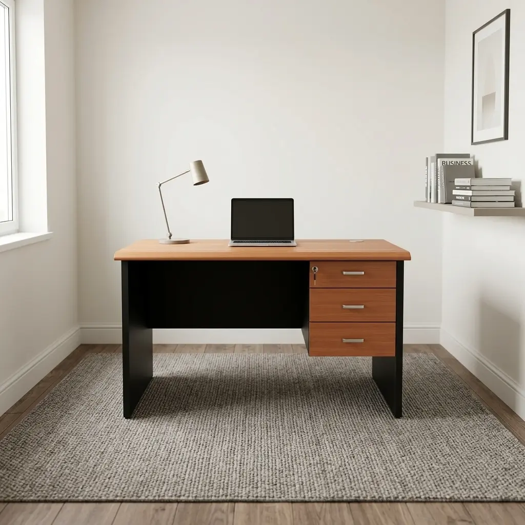 Executive 1200mm office table featuring a two-tone warm wood grain and black finish, a smooth rectangular desktop with an integrated cable grommet, sturdy black side panel legs with a matching modesty panel, and an integrated right-side pedestal with three wood-faced storage drawers, horizontal silver metal pull handles, and a top-drawer key lock.