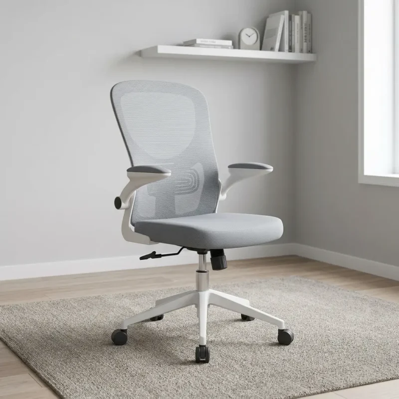 Mid-back gray ergonomic chair featuring a breathable light gray mesh backrest, a contoured gray fabric seat cushion, white-framed flip-up armrests with gray pads, pneumatic height adjustment, and a durable white five-star base on smooth-rolling casters.
