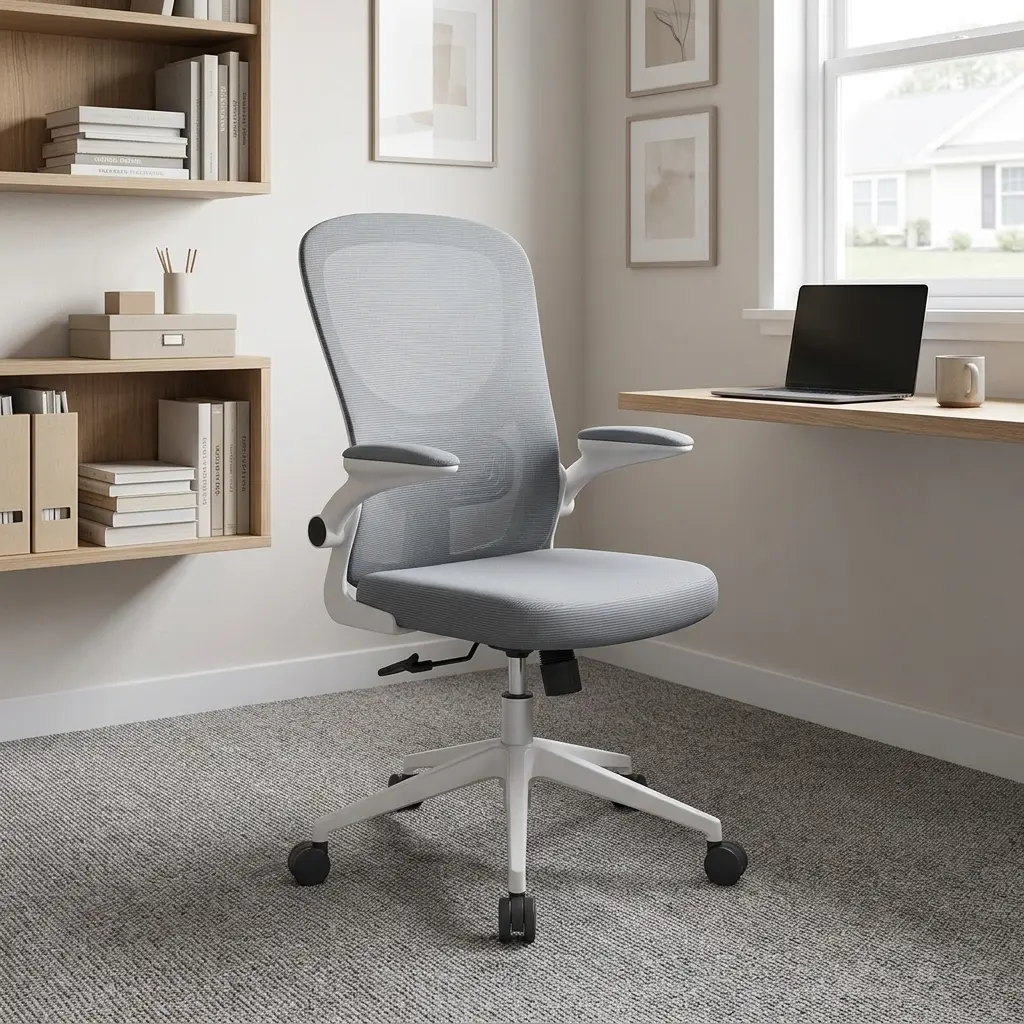 Mid-back gray ergonomic chair featuring a breathable light gray mesh backrest, a contoured gray fabric seat cushion, white-framed flip-up armrests with gray pads, pneumatic height adjustment, and a durable white five-star base on smooth-rolling casters.