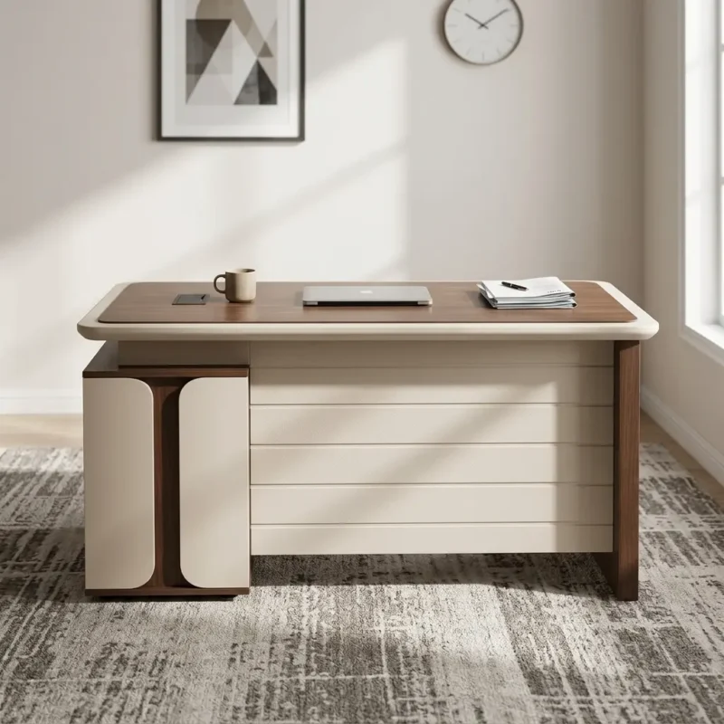Executive 1400mm office table featuring a two-tone dark walnut and cream finish, a bevel-edged desktop with a central inlay surface pad and integrated cable grommet, a modesty panel, and an attached side pedestal with three locking storage drawers.
