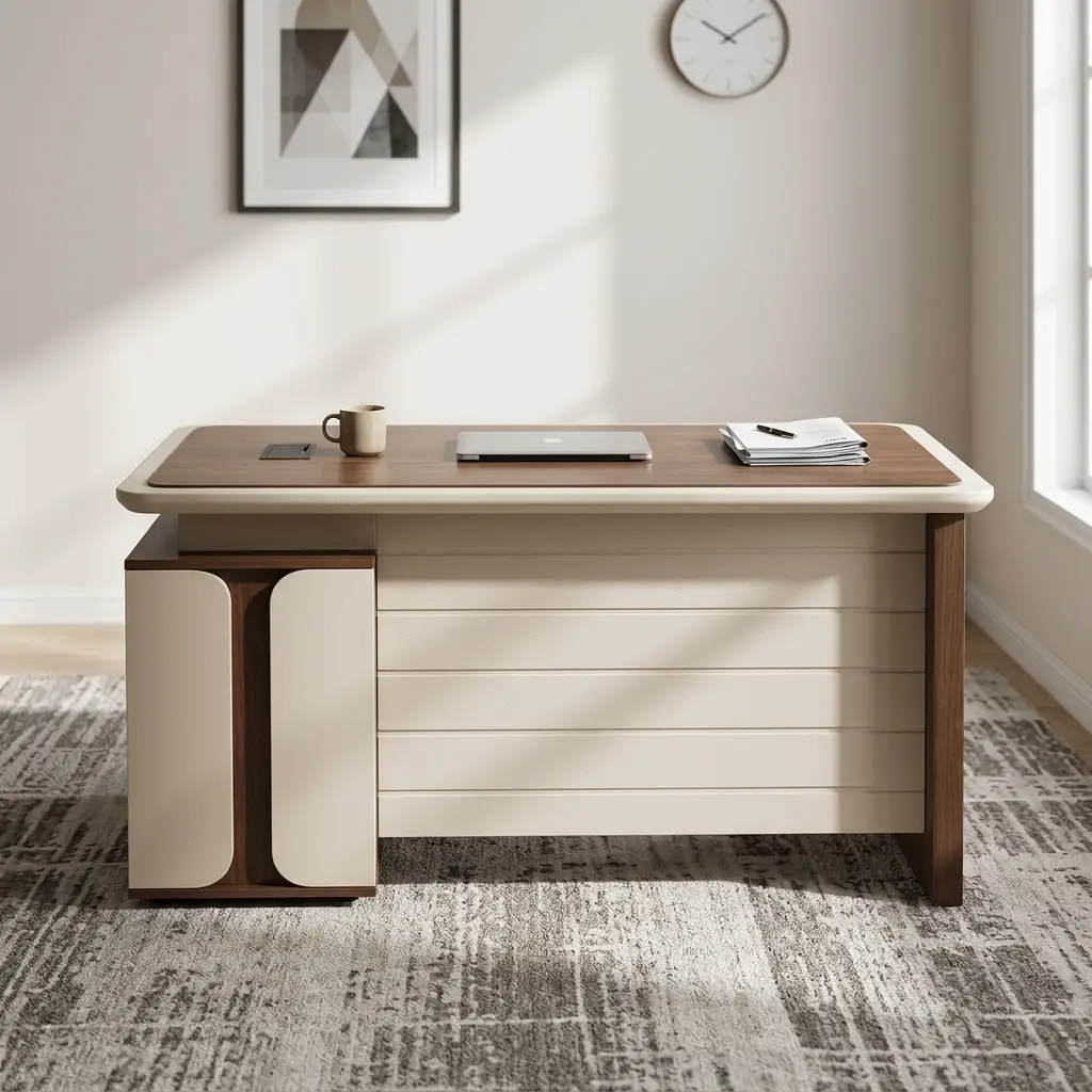 Executive 1400mm office table featuring a two-tone dark walnut and cream finish, a bevel-edged desktop with a central inlay surface pad and integrated cable grommet, a modesty panel, and an attached side pedestal with three locking storage drawers.