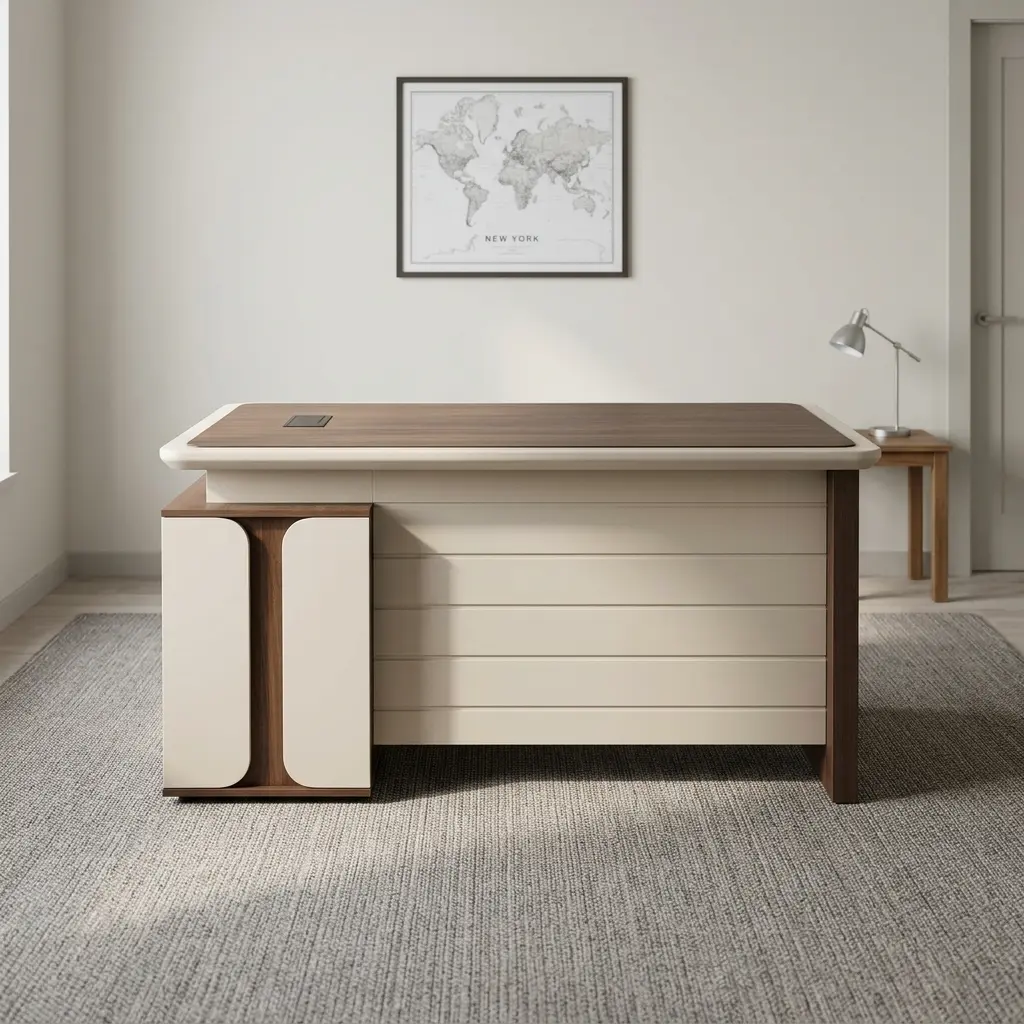 Executive 1200mm office table featuring a two-tone dark walnut and cream finish, a rectangular wood-grain desktop with a rounded beige border trim, an integrated cable management grommet, a cream modesty panel, and an integrated side storage pedestal with three lockable walnut-front drawers.