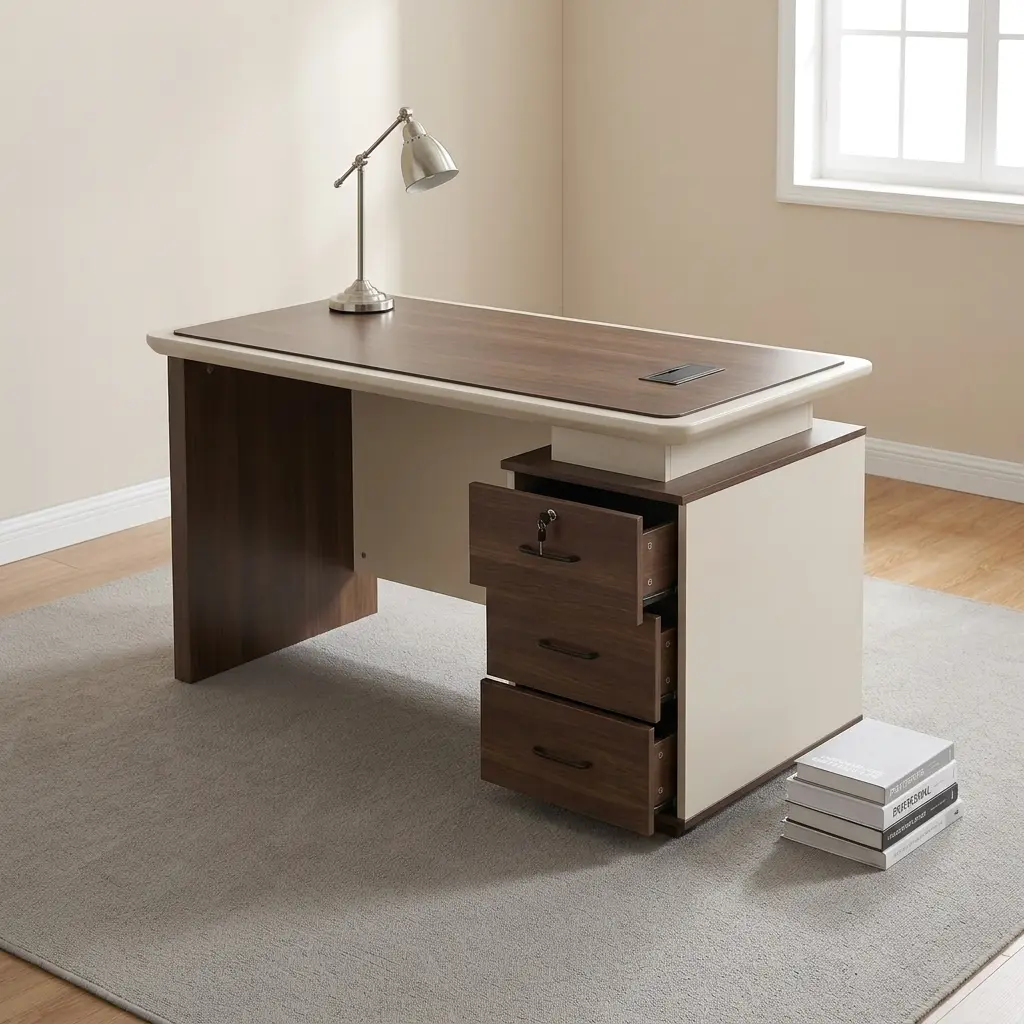 Executive 1400mm office table featuring a two-tone dark walnut and cream finish, a bevel-edged desktop with a central inlay surface pad and integrated cable grommet, a modesty panel, and an attached side pedestal with three locking storage drawers.