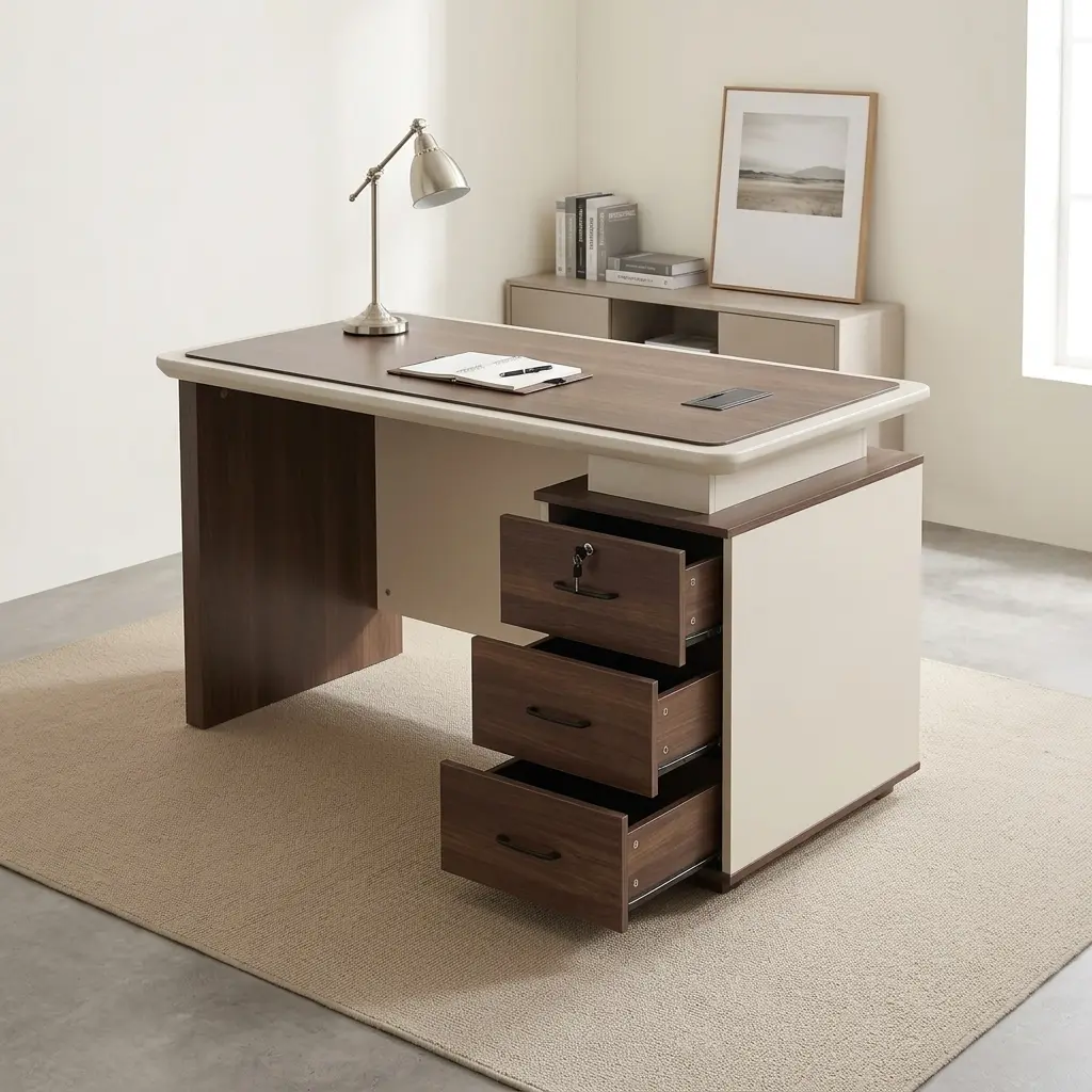 Executive 1400mm office table featuring a two-tone dark walnut and cream finish, a bevel-edged desktop with a central inlay surface pad and integrated cable grommet, a modesty panel, and an attached side pedestal with three locking storage drawers.