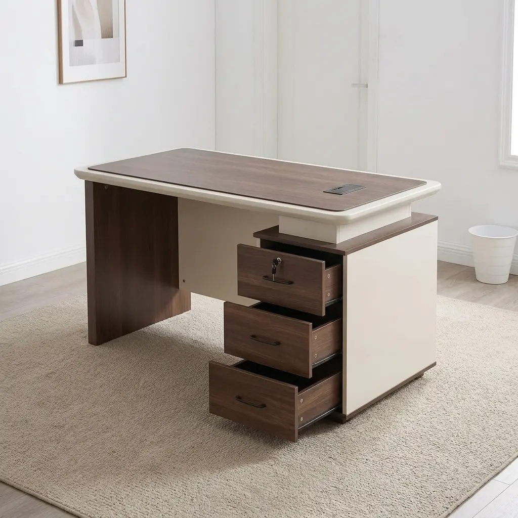 Executive 1400mm office table featuring a two-tone dark walnut and cream finish, a bevel-edged desktop with a central inlay surface pad and integrated cable grommet, a modesty panel, and an attached side pedestal with three locking storage drawers.