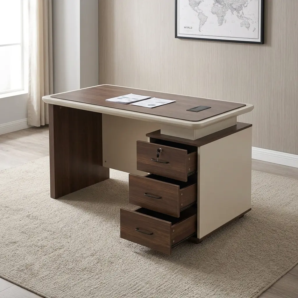 Executive 1200mm office table featuring a two-tone dark walnut and cream finish, a rectangular wood-grain desktop with a rounded beige border trim, an integrated cable management grommet, a cream modesty panel, and an integrated side storage pedestal with three lockable walnut-front drawers.