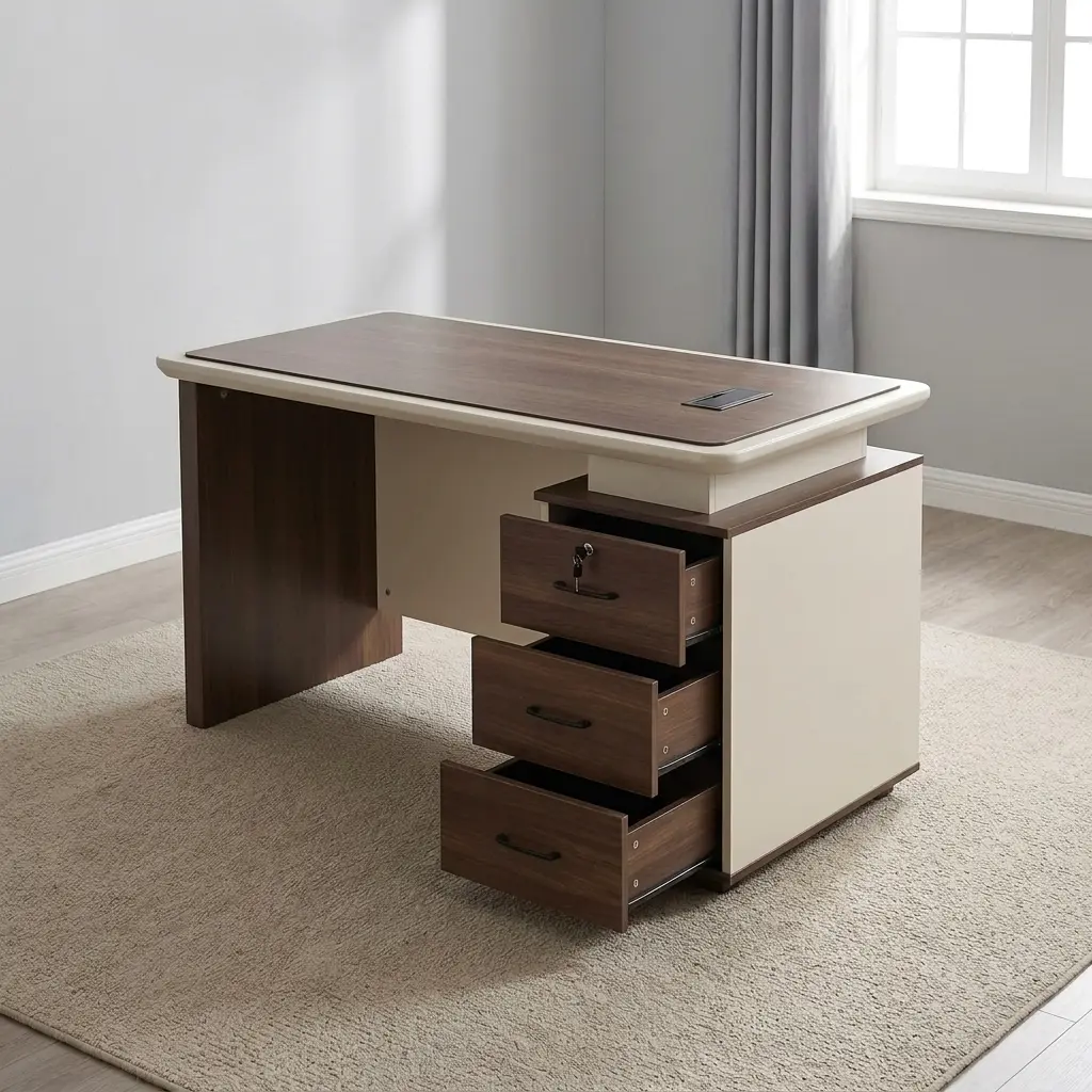 Executive 1200mm office table featuring a two-tone dark walnut and cream finish, a rectangular wood-grain desktop with a rounded beige border trim, an integrated cable management grommet, a cream modesty panel, and an integrated side storage pedestal with three lockable walnut-front drawers.
