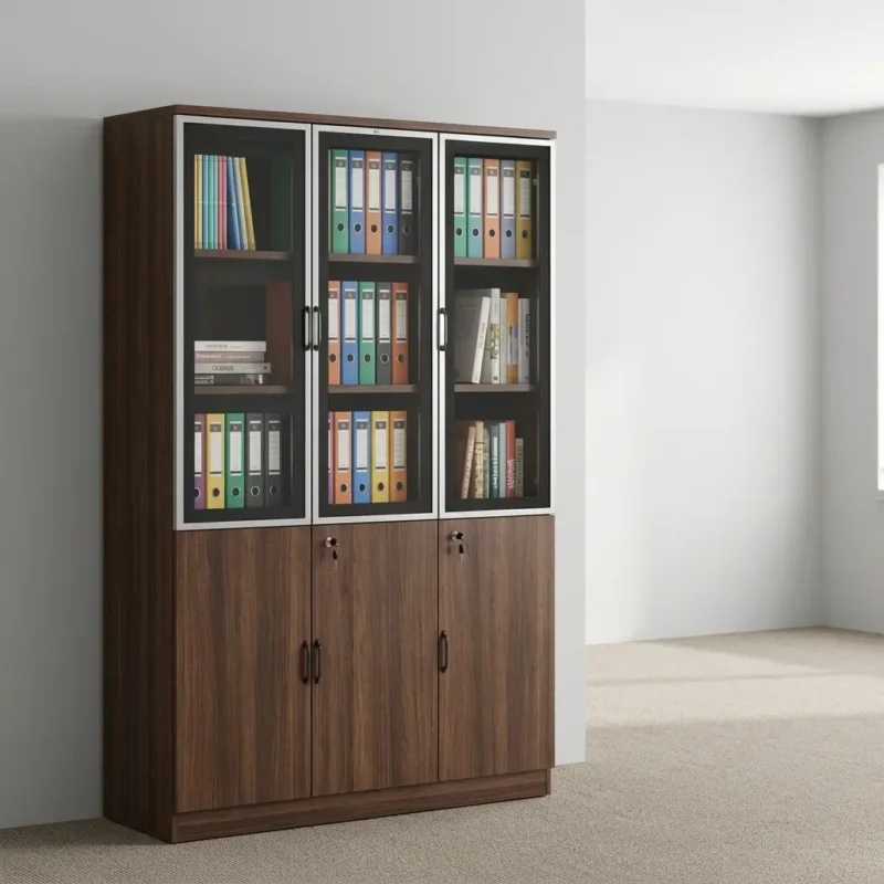 Wooden 3 door office cabinet featuring a dark walnut finish, upper display section with three glass-paneled doors framed in slim aluminum trim, internal shelving for binders and documents, and a lower concealed storage section with three solid wood-grain lockable doors.