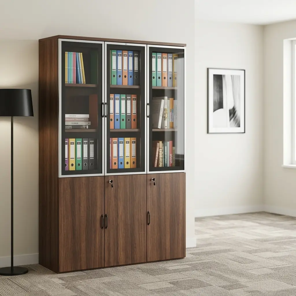 Wooden 3 door office cabinet featuring a dark walnut finish, upper display section with three glass-paneled doors framed in slim aluminum trim, internal shelving for binders and documents, and a lower concealed storage section with three solid wood-grain lockable doors.