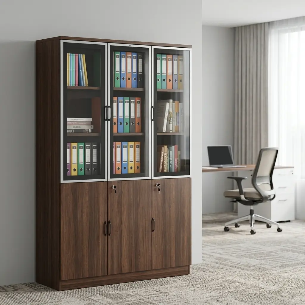 Wooden 3 door office cabinet featuring a dark walnut finish, upper display section with three glass-paneled doors framed in slim aluminum trim, internal shelving for binders and documents, and a lower concealed storage section with three solid wood-grain lockable doors.