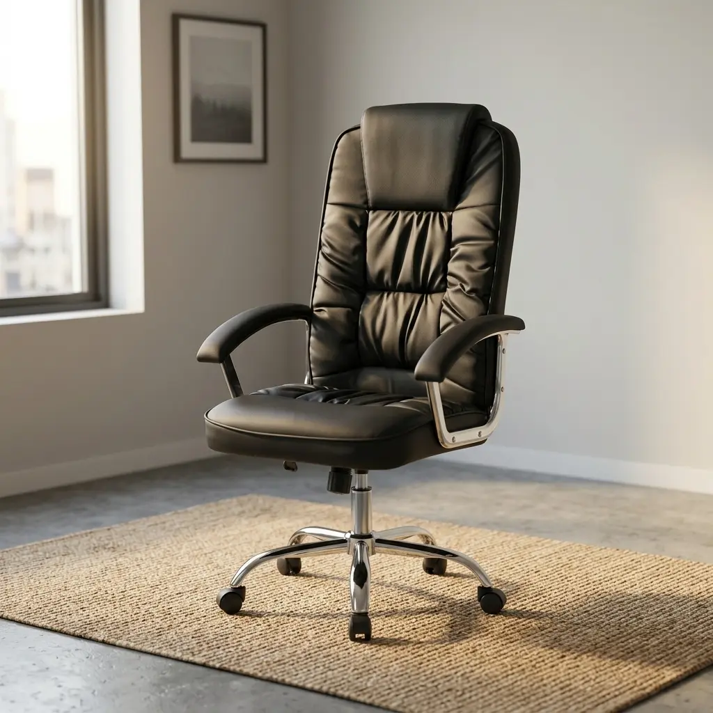 Height adjustable leather office chair featuring black leather upholstery with plush tufted segment cushioning, an integrated padded headrest, padded curved armrests, pneumatic seat height adjustment, tilt control, and a heavy-duty chrome five-star base on smooth-rolling casters.