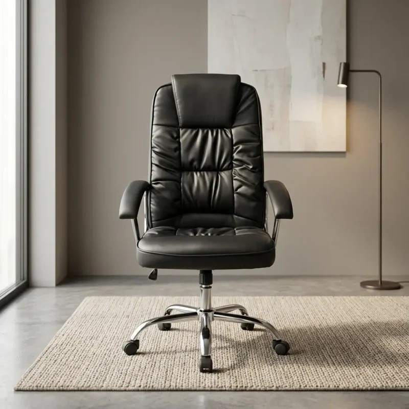 Height adjustable leather office chair featuring black leather upholstery with plush tufted segment cushioning, an integrated padded headrest, padded curved armrests, pneumatic seat height adjustment, tilt control, and a heavy-duty chrome five-star base on smooth-rolling casters.