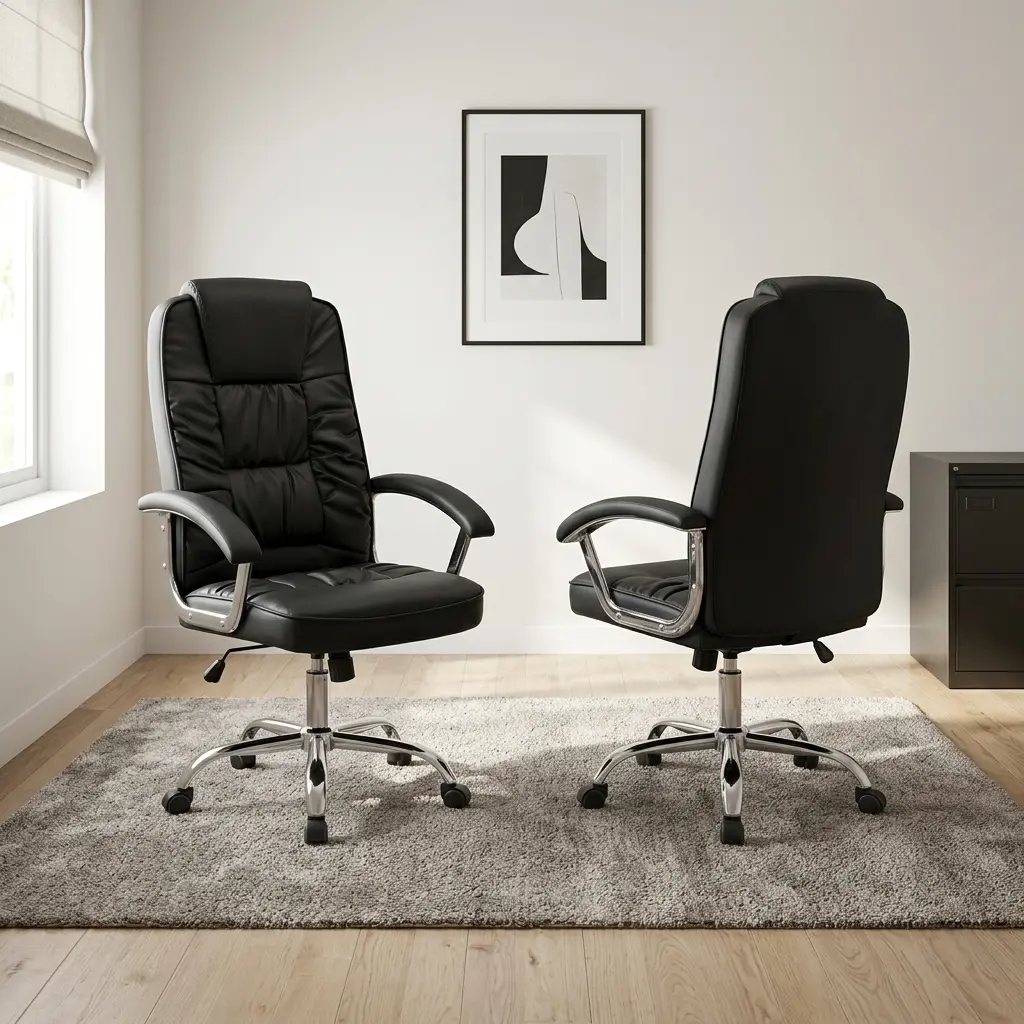 Height adjustable leather office chair featuring black leather upholstery with plush tufted segment cushioning, an integrated padded headrest, padded curved armrests, pneumatic seat height adjustment, tilt control, and a heavy-duty chrome five-star base on smooth-rolling casters.