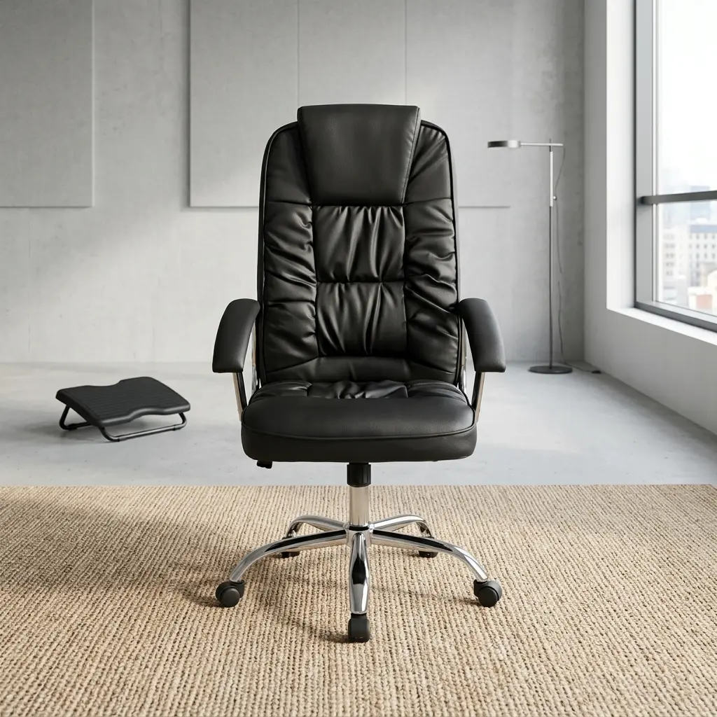 Height adjustable leather office chair featuring black leather upholstery with plush tufted segment cushioning, an integrated padded headrest, padded curved armrests, pneumatic seat height adjustment, tilt control, and a heavy-duty chrome five-star base on smooth-rolling casters.