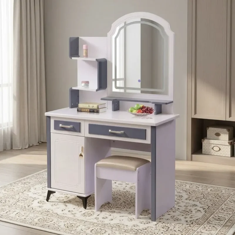 Modern dresser with LED light featuring a two-tone white and slate gray frame, an arched mirror with integrated touch-sensor LED lighting, open multi-tier display shelves, two pull-out drawers, a lower cabinet with framed door trim, and a matching cushioned vanity stool.