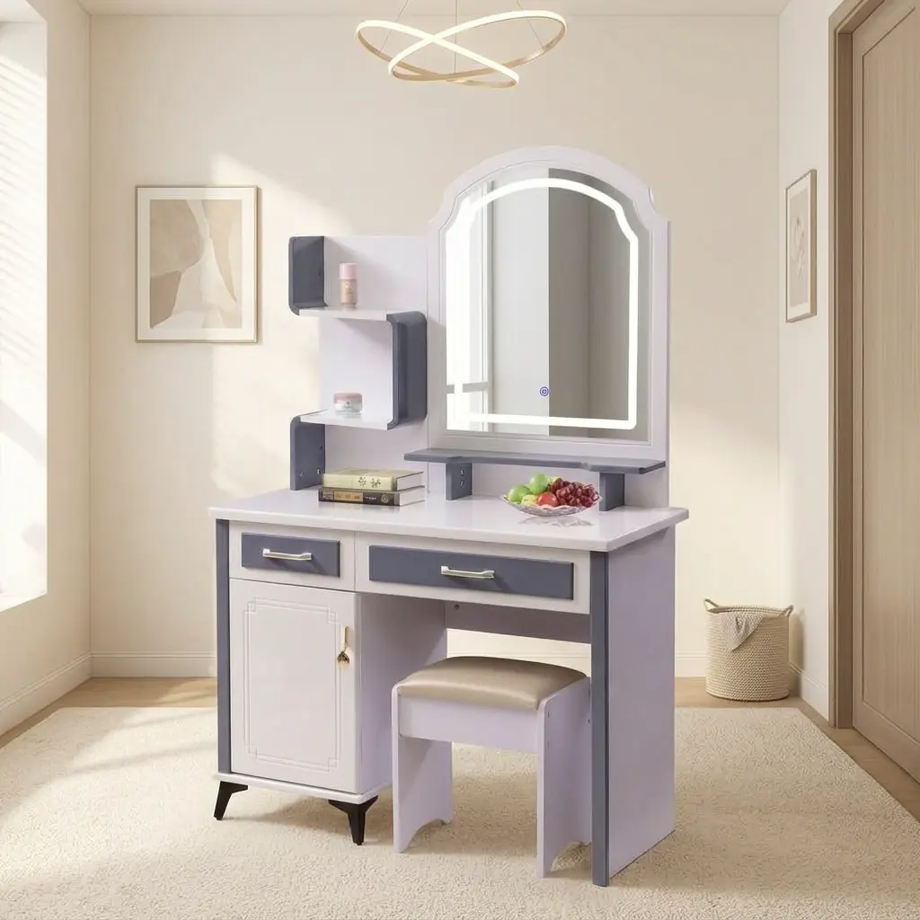 Modern dresser with LED light featuring a two-tone white and slate gray frame, an arched mirror with integrated touch-sensor LED lighting, open multi-tier display shelves, two pull-out drawers, a lower cabinet with framed door trim, and a matching cushioned vanity stool.