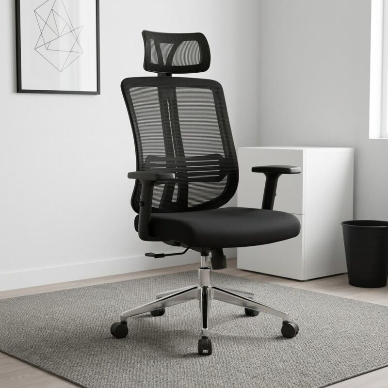 Height adjustable orthopedic office chair featuring a breathable black mesh backrest with an adjustable headrest, integrated lumbar support band, cushioned black seat, height-adjustable T-armrests, pneumatic seat height adjustment, and a polished chrome five-star base on smooth-rolling casters.