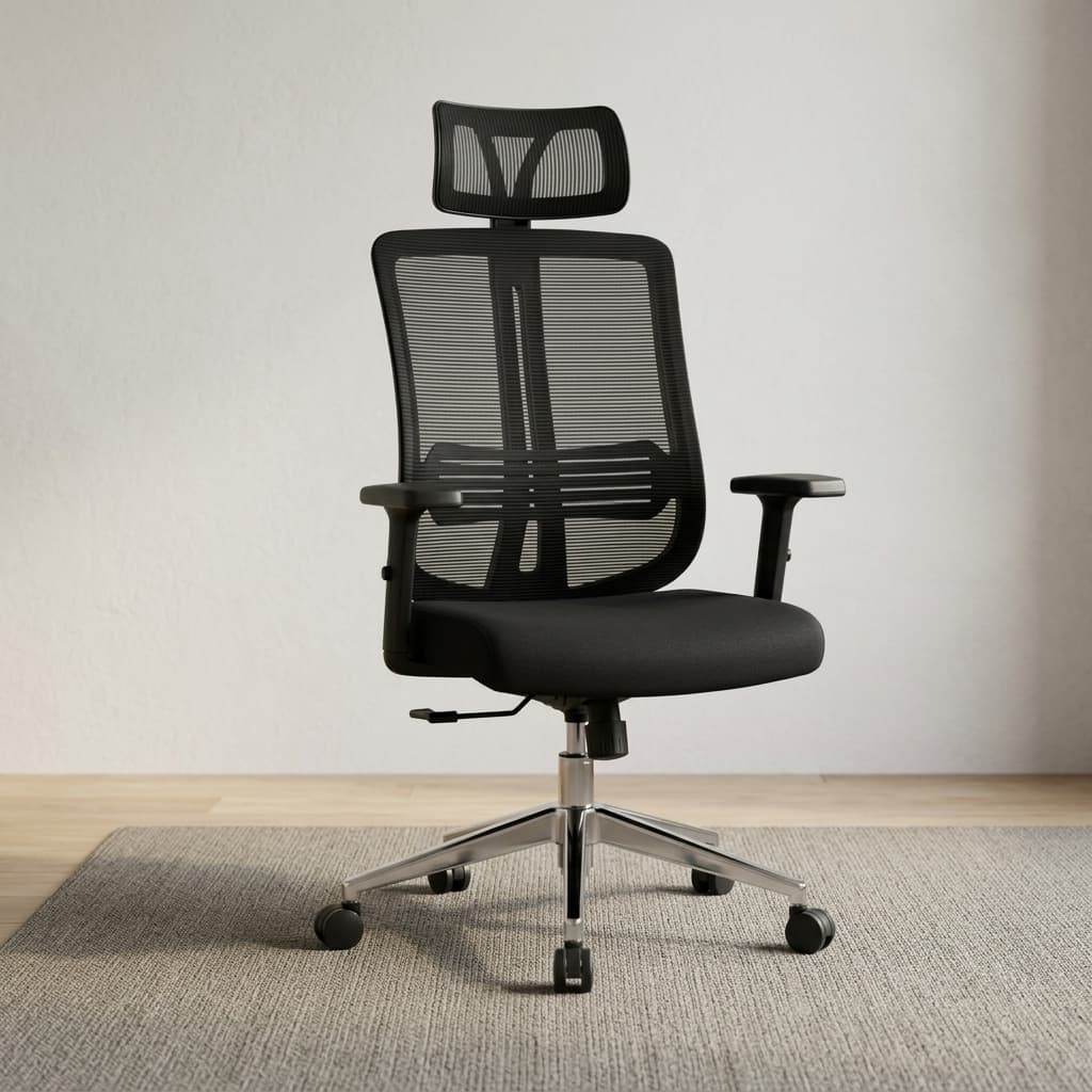 Height adjustable orthopedic office chair featuring a breathable black mesh backrest with an adjustable headrest, integrated lumbar support band, cushioned black seat, height-adjustable T-armrests, pneumatic seat height adjustment, and a polished chrome five-star base on smooth-rolling casters.