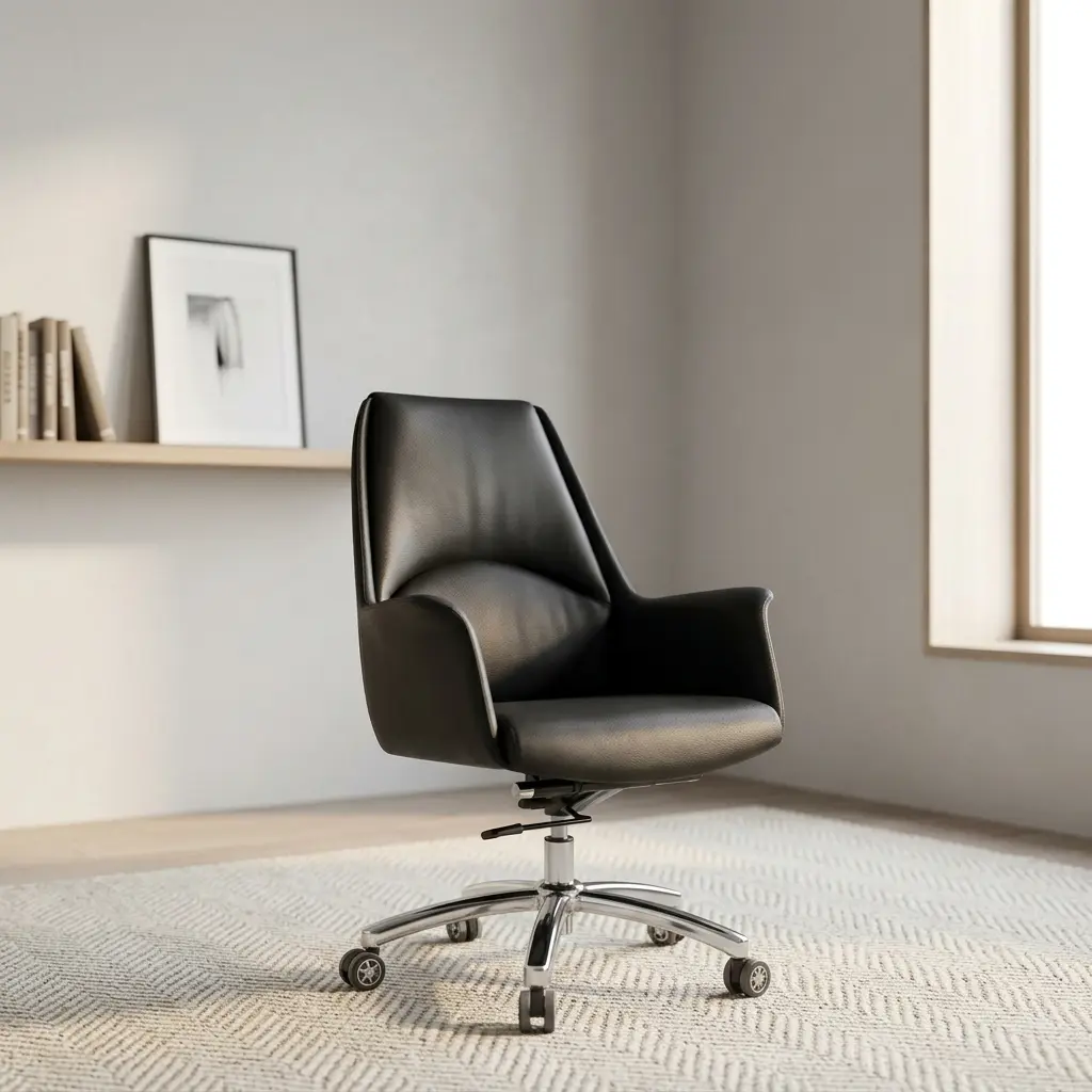 Mid-back leather executive chair featuring a sleek, fully upholstered black leather shell with integrated sloping armrests, a contoured lumbar-support backrest, pneumatic height adjustment mechanism with tilt lever, and a polished chrome five-star swivel base equipped with dual-wheel casters.