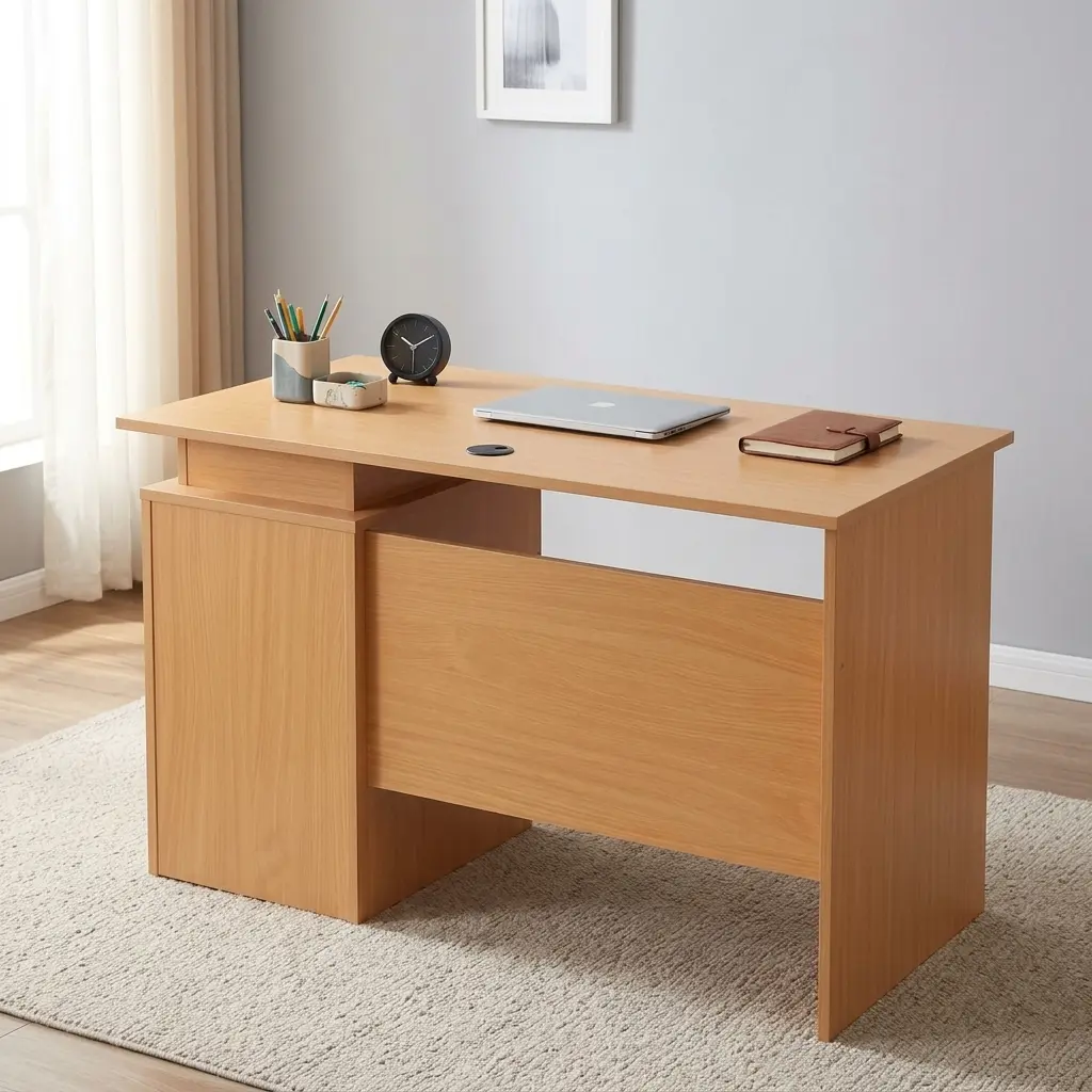 Wooden 1.2m office table featuring a light natural oak wood finish, a smooth rectangular desktop with an integrated black cable grommet, full-height side panel legs with a modesty panel, and a built-in right-side pedestal with three storage drawers, horizontal silver handles, and a top-drawer key lock.
