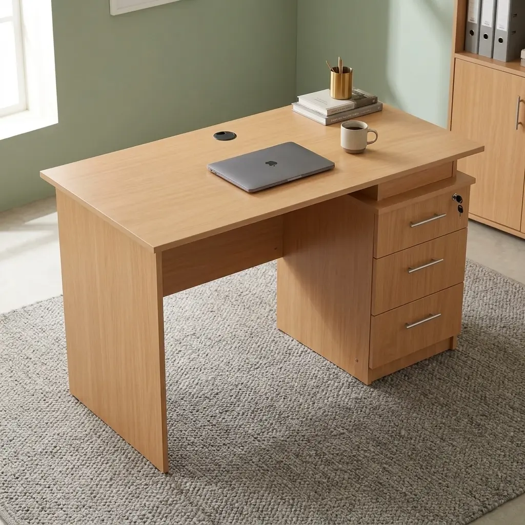 Wooden 1.2m office table featuring a light natural oak wood finish, a smooth rectangular desktop with an integrated black cable grommet, full-height side panel legs with a modesty panel, and a built-in right-side pedestal with three storage drawers, horizontal silver handles, and a top-drawer key lock.