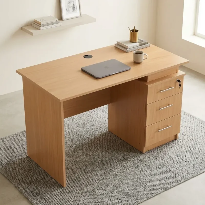 Wooden 1.2m office table featuring a light natural oak wood finish, a smooth rectangular desktop with an integrated black cable grommet, full-height side panel legs with a modesty panel, and a built-in right-side pedestal with three storage drawers, horizontal silver handles, and a top-drawer key lock.