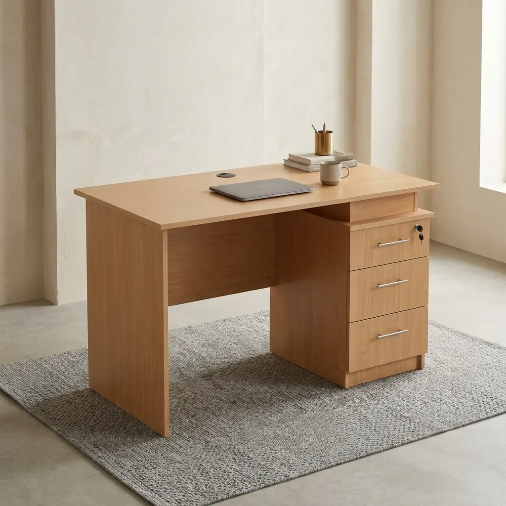Wooden 1.2m office table featuring a light natural oak wood finish, a smooth rectangular desktop with an integrated black cable grommet, full-height side panel legs with a modesty panel, and a built-in right-side pedestal with three storage drawers, horizontal silver handles, and a top-drawer key lock.